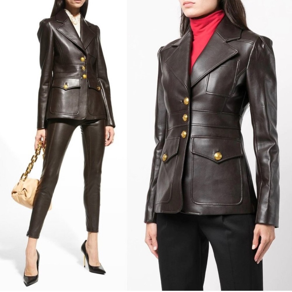 A.L.C. Dark Brown Faux Leather Jacket with Gold Accents - Picture 3 of 11